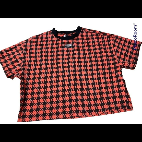 Adidas Red/Black Checked Crop T-Shirt Sz L - Picture 4 of 9